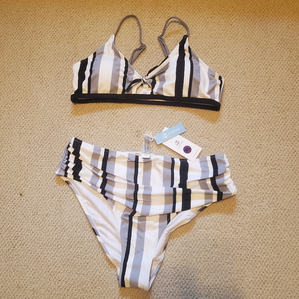 Cupshe White and Black Striped Bikini Set